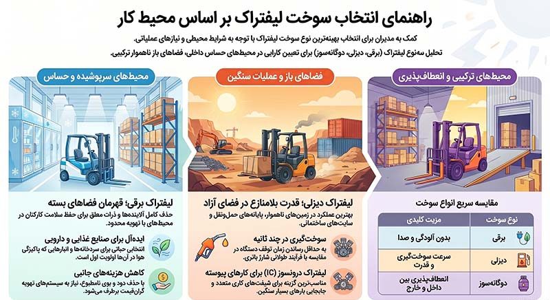 چرا انتخاب نوع سوخت لیفتراک اهمیت دارد؟ | اینفوگرافیک راهنمای انتخاب سوخت لیفتراک
