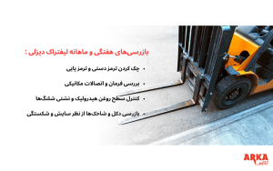 نکات مهم در نگهداری لیفتراک دیزلی؛ راهنمای کامل سرویس و افزایش عمر دستگاه | تصویر لیفتراک دیزلی همراه با لیست نکات بازرسی هفتگی و ماهانه شامل بررسی ترمزها، فرمان، روغن هیدرولیک و وضعیت دکل برای نگهداری پیشگیرانه