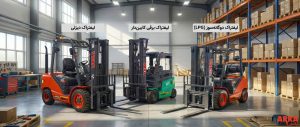 راهنمای خرید لیفتراک دیزلی ۳ تن؛ هرآنچه قبل از خرید باید بدانید | تصویر مقایسه لیفتراک دیزلی و برقی و دوگانه سوز در فضای انبار کارخانه همگی با ظرفیت بار 3 تن