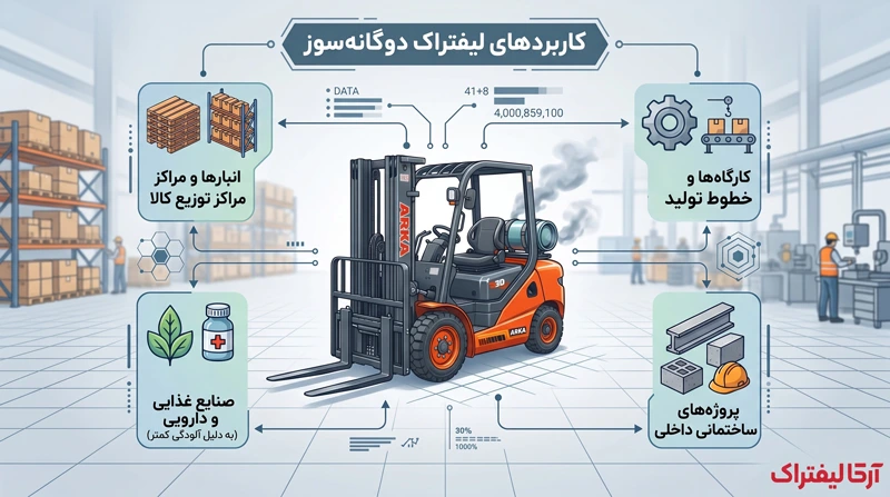 لیفتراک دوگانهسوز چیست و چه مزایایی دارد؟ + راهنمای خرید (2026) | اینفوگرافیک کاربرد های لیفتراک دوگانه سوز