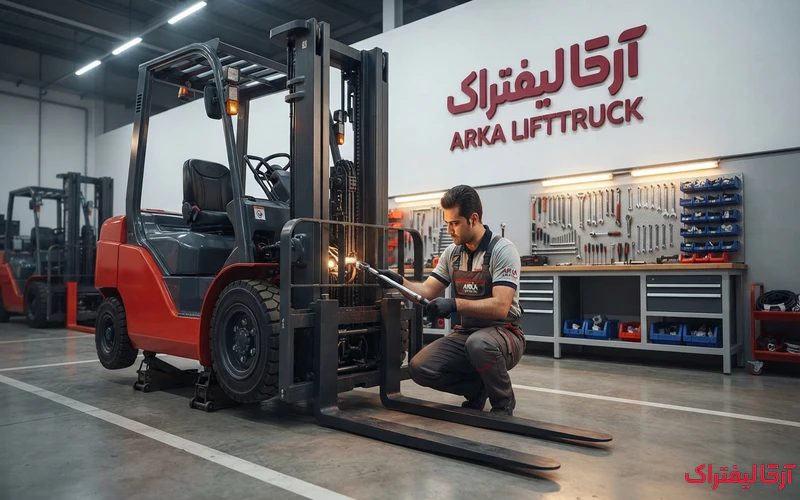 عکس از تکنسین در حال انجام تعمیرات جهت افزایش طول عمر لیفتراک
